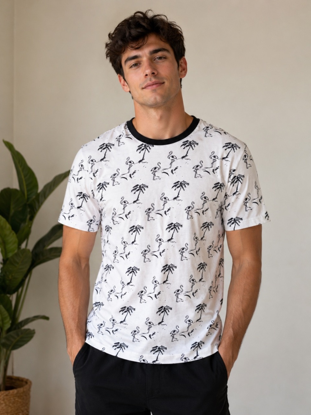 FREE PLANET Palm Tree Flamingo Short Sleeve Tee NWOT